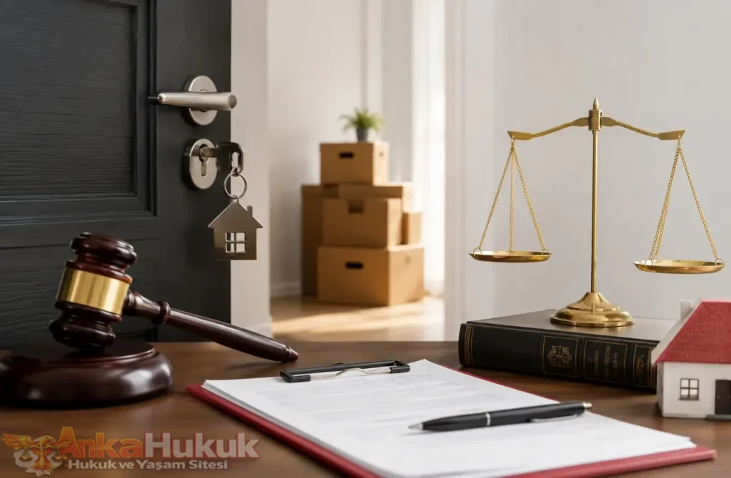 Kiracı tahliye sürecini simgeleyen konut anahtarı, taşınma kutuları, sözleşme, mahkeme tokmağı ve adalet terazisi