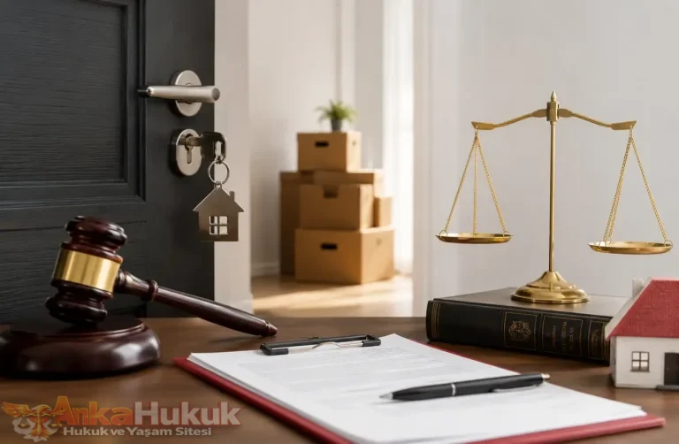 Kiracı tahliye sürecini simgeleyen konut anahtarı, taşınma kutuları, sözleşme, mahkeme tokmağı ve adalet terazisi
