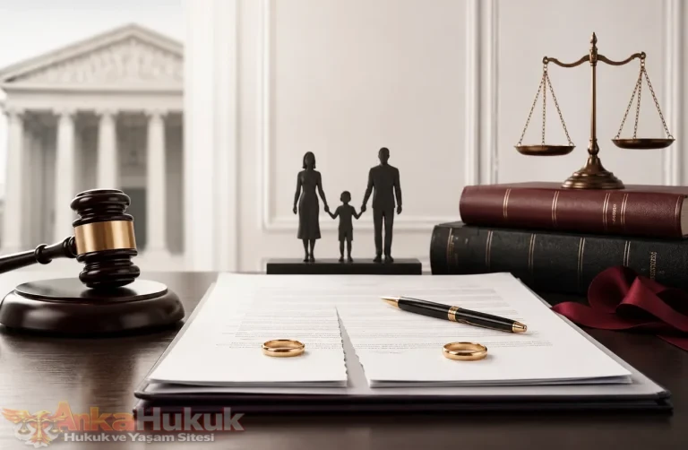Boşanma davası sürecini simgeleyen aile mahkemesi dosyası, alyanslar ve adalet terazisi