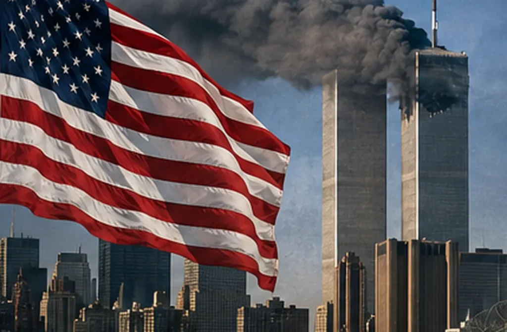 11 Eylül saldırıları sonrası güvenlik ve özgürlük tartışmasını simgeleyen New York silueti ve ABD bayrağı