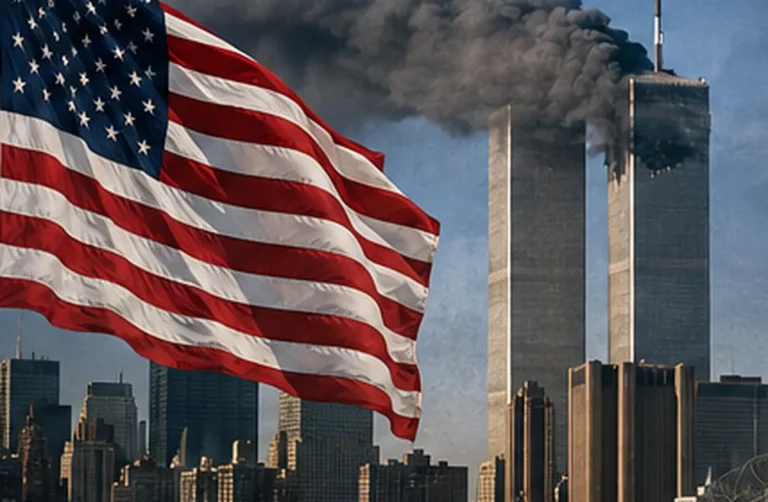 11 Eylül saldırıları sonrası güvenlik ve özgürlük tartışmasını simgeleyen New York silueti ve ABD bayrağı