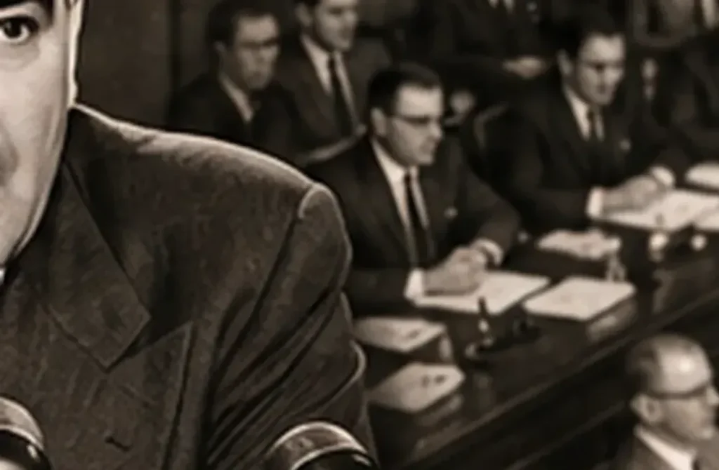 Joseph McCarthy dönemini çağrıştıran Senato soruşturması, mikrofonlar ve siyasi baskı atmosferini gösteren yazısız tarihî editoryal sahne