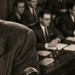 Joseph McCarthy dönemini çağrıştıran Senato soruşturması, mikrofonlar ve siyasi baskı atmosferini gösteren yazısız tarihî editoryal sahne