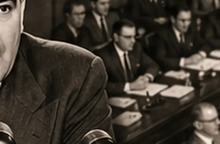 Joseph McCarthy dönemini çağrıştıran Senato soruşturması, mikrofonlar ve siyasi baskı atmosferini gösteren yazısız tarihî editoryal sahne