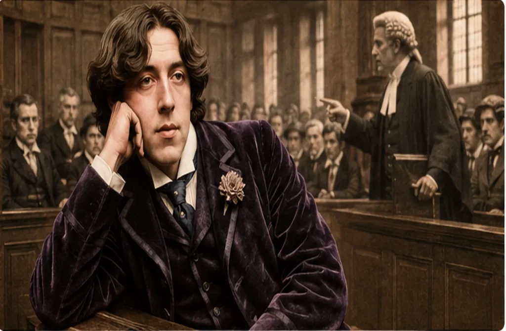 Oscar Wilde’ın Viktorya dönemi mahkeme salonundaki yargılanmasını simgeleyen tarihî editoryal portre