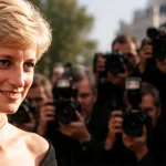 Prenses Diana’yı çağrıştıran zarif bir kamu figürü, paparazzi flaşları ve mahremiyet temasını simgeleyen editoryal sahne