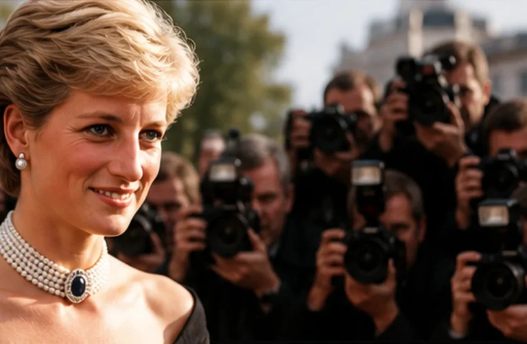 Prenses Diana’yı çağrıştıran zarif bir kamu figürü, paparazzi flaşları ve mahremiyet temasını simgeleyen editoryal sahne