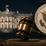 Watergate krizinde başkanlık gücü, yargı ve hukuk devleti çatışmasını simgeleyen Beyaz Saray ve mahkeme tokmağı