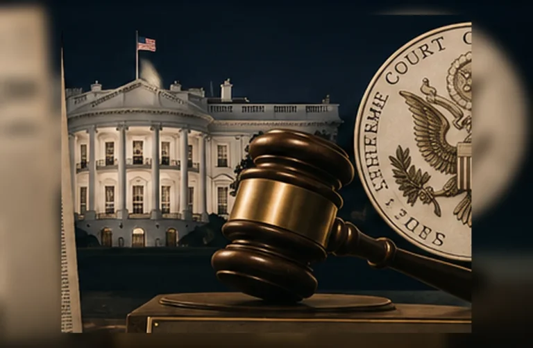 Watergate krizinde başkanlık gücü, yargı ve hukuk devleti çatışmasını simgeleyen Beyaz Saray ve mahkeme tokmağı