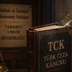 Eski sağlık idaresi, hekimler, TCK ve adalet terazisiyle sağlık mesleklerinde yetki ve ceza sorumluluğunun tarihsel dönüşümünü simgeleyen kapak