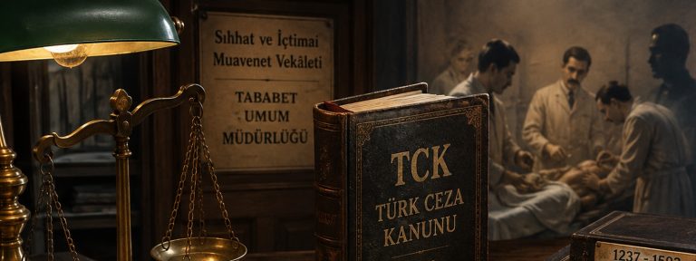 Eski sağlık idaresi, hekimler, TCK ve adalet terazisiyle sağlık mesleklerinde yetki ve ceza sorumluluğunun tarihsel dönüşümünü simgeleyen kapak