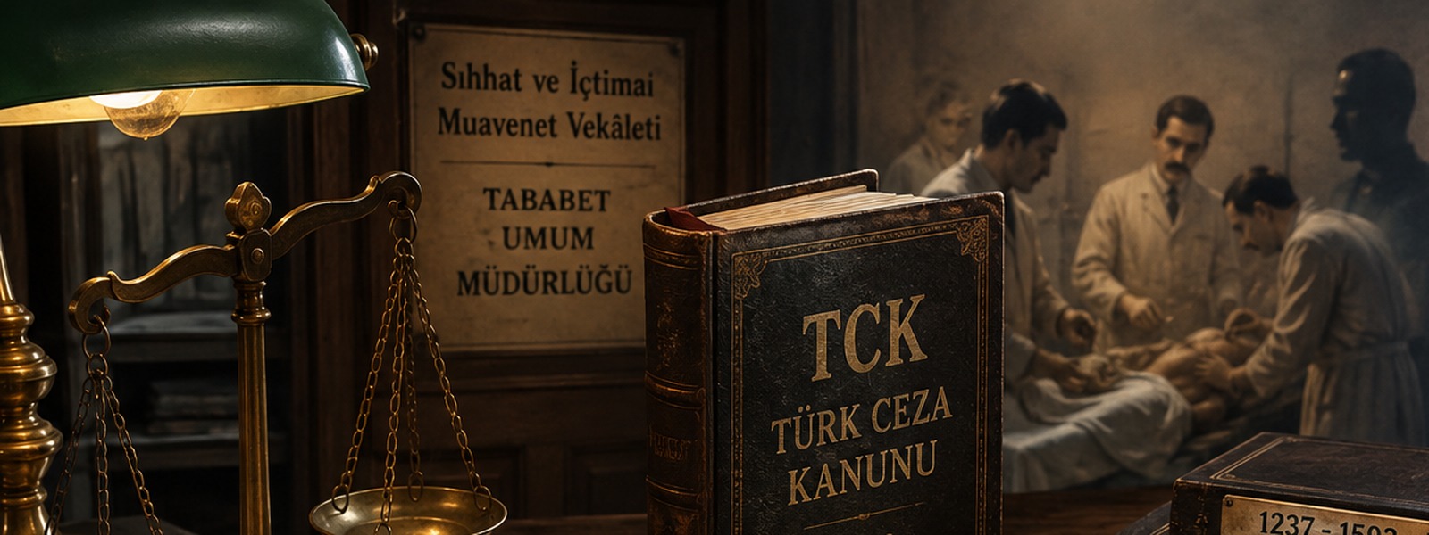 Eski sağlık mevzuatı, 1219 sayılı Kanun, tıp aletleri ve hukuk kitaplarıyla sağlık mesleklerinde yetki ve ceza sorumluluğunun tarihsel dönüşümünü simgeleyen kapak