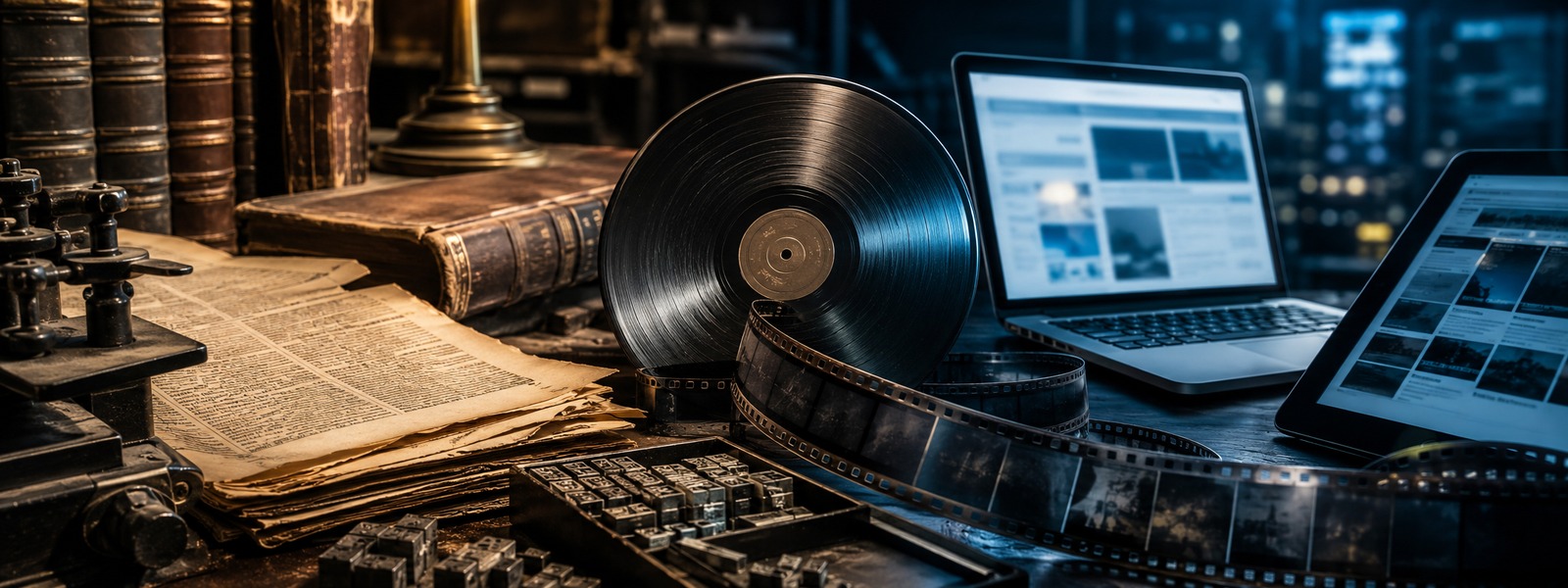 Eski gazete, gramofon plağı, film şeridi ve elektronik ekran üzerinden basın ve yayın suçlarının dönüşümünü simgeleyen kapak
