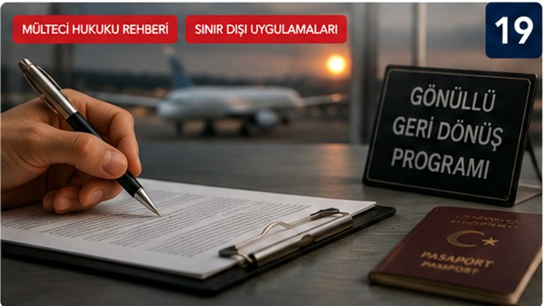 Gönüllü geri dönüş kararını, bilgilendirmeyi ve seyahat sürecini simgeleyen gerçekçi hukuk kapak görseli