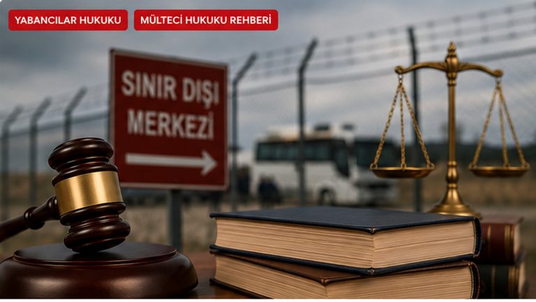 Geri gönderme merkezi, avukat görüşmesi, tercüman ve vekâletname süreçlerini simgeleyen gerçekçi hukuk kapak görseli