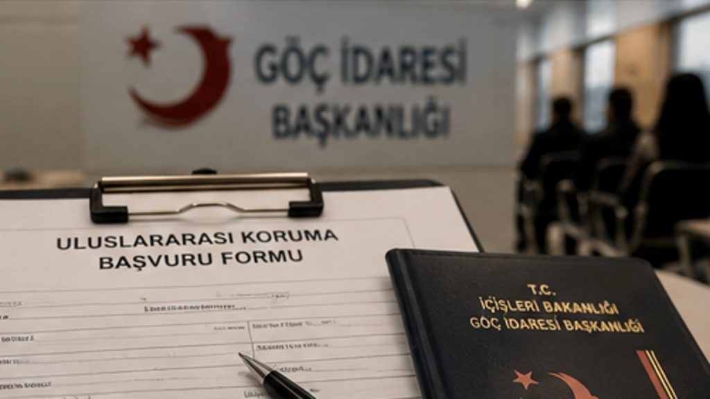 Göç idaresinde uluslararası koruma başvuru dosyası ve bekleme alanını gösteren gerçekçi kapak