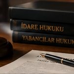 İdari yargı, hukuk kitapları, terazi ve ret kararına karşı yargısal başvuruyu simgeleyen kapak